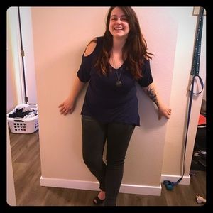 Blue open shoulder shirt